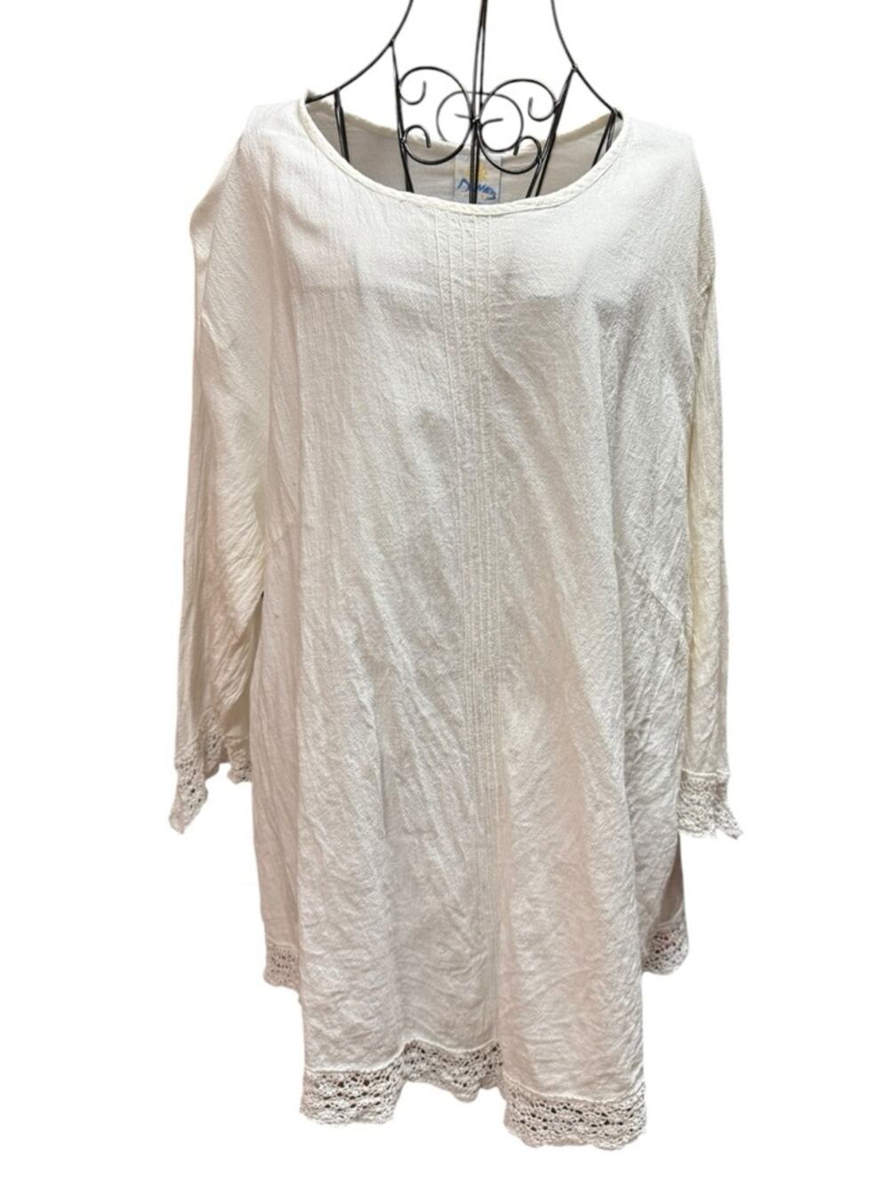 Dunes Relaxed Fashion White Cotton Crotched Trim Tunic 2X